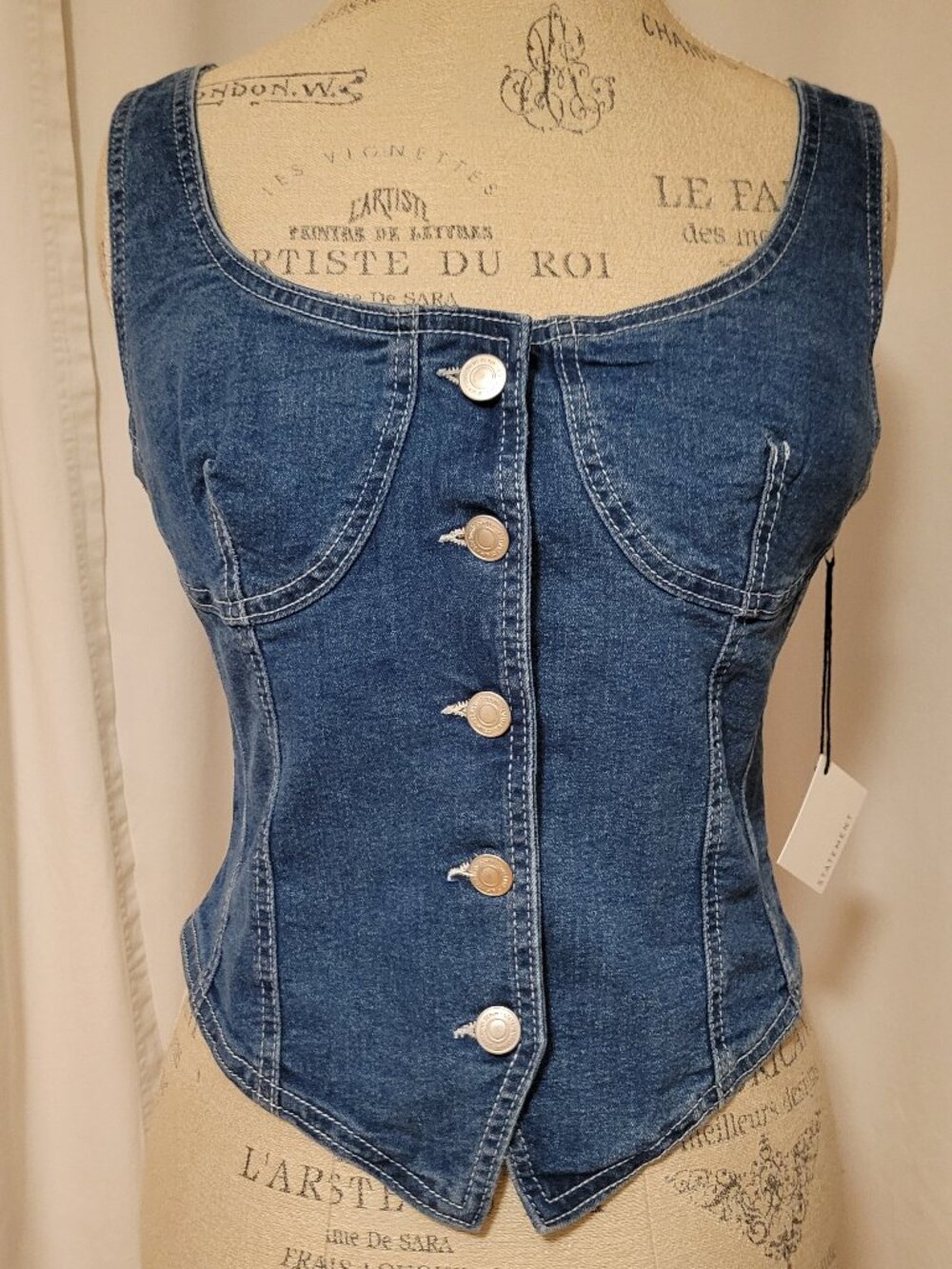 Statement Sleeveless Denim Fitted Vest Size Large